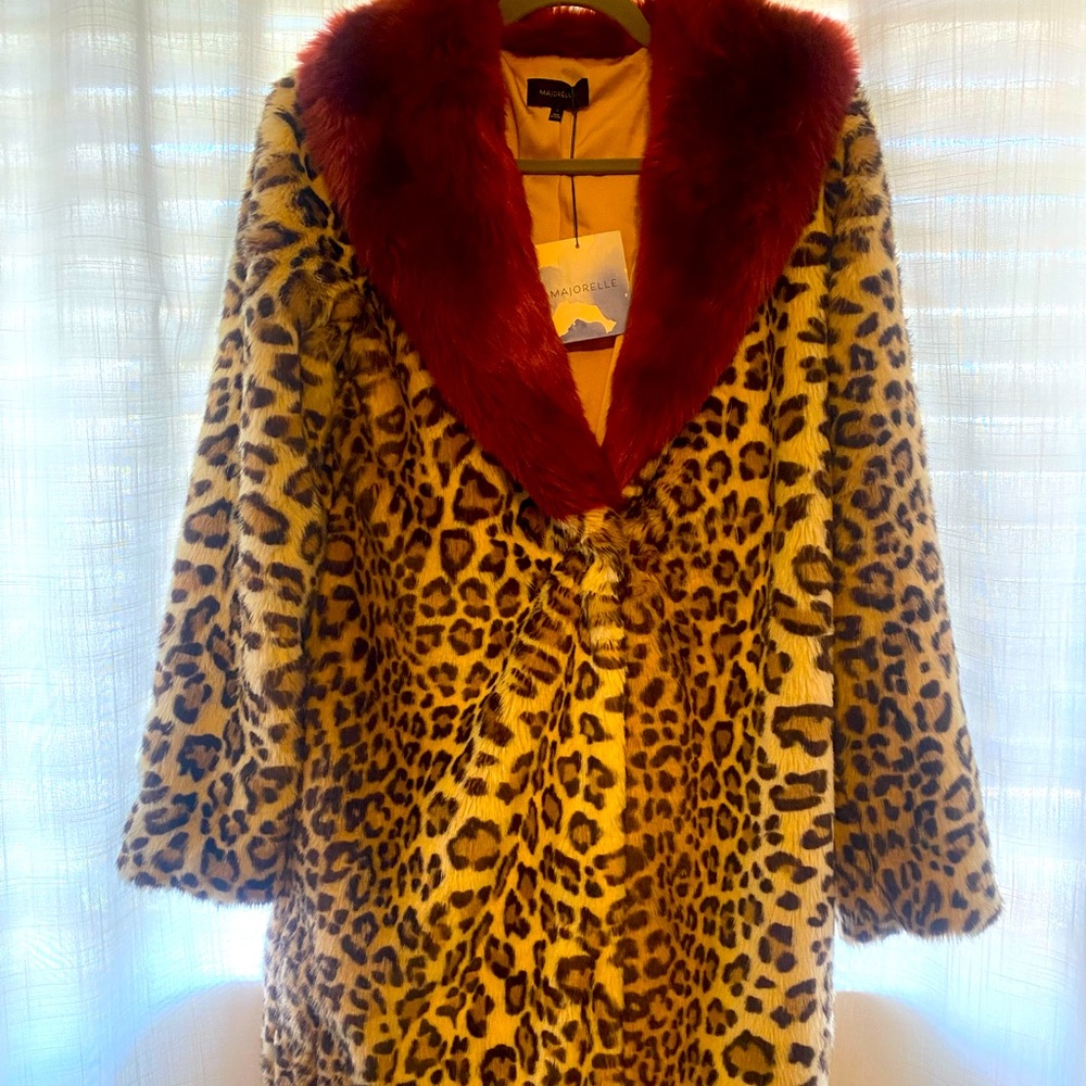 Majorelle Revolve Leopard and Red Faux Fur Coat S NWT